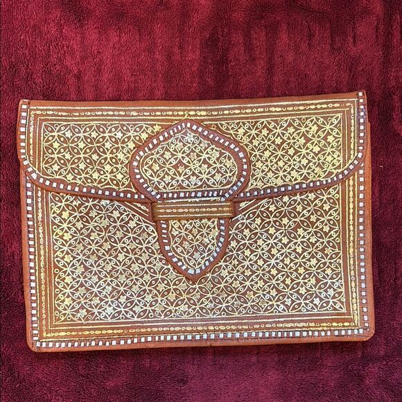 Clutch envelope Tangerine Orange Soft Leather Gold Stamped Accent White Border - Picture 3 of 7